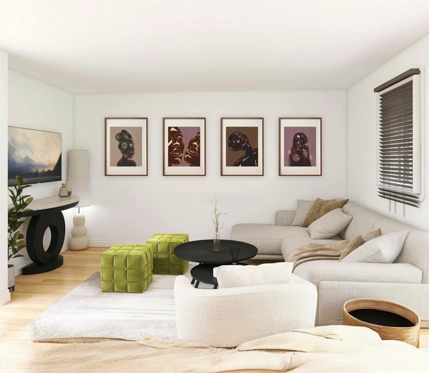Modern living room with a beige sectional sofa, green ottomans, and framed artwork on the wall.