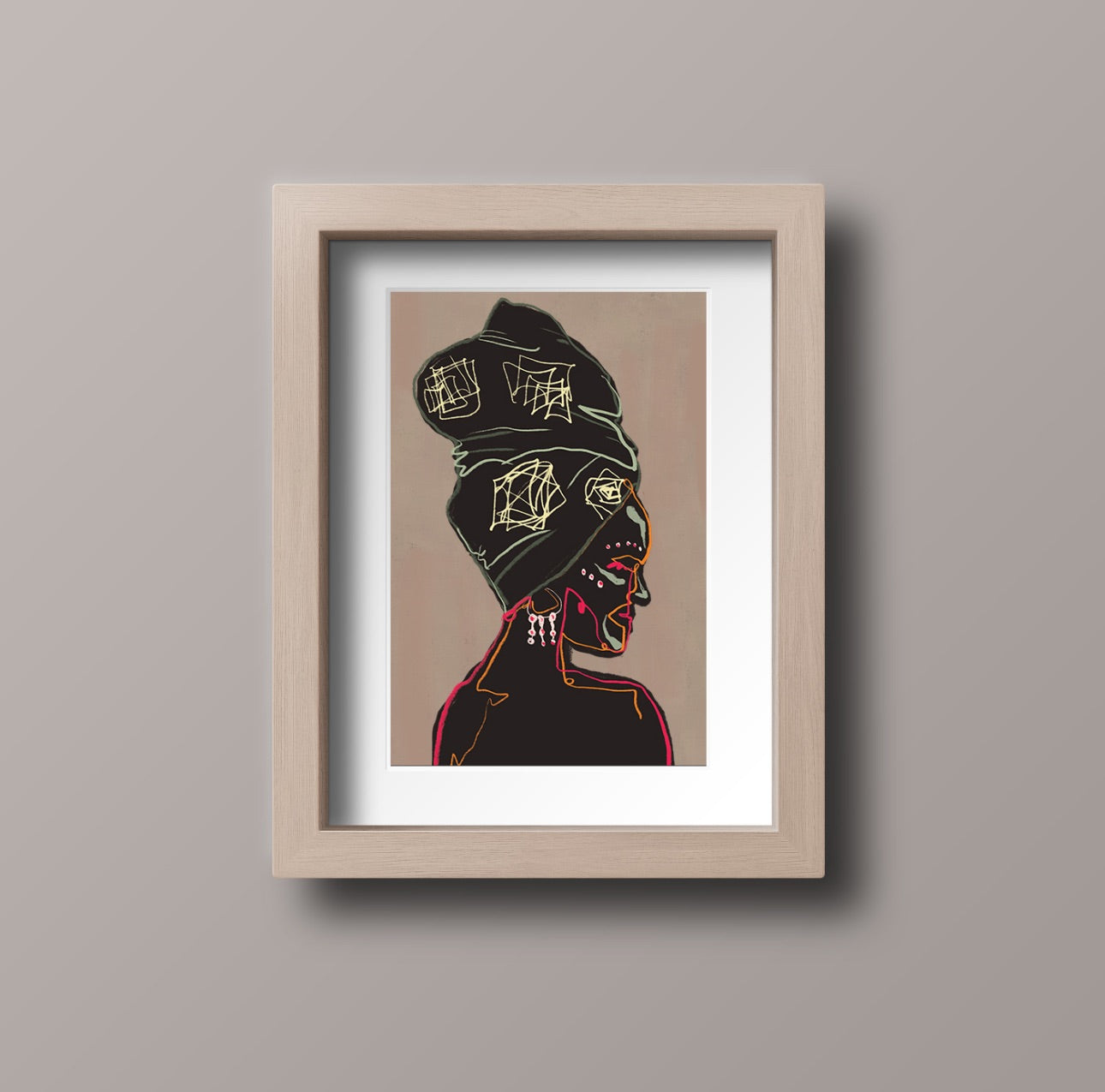 Framed poster of abstract heritage-inspired line art displayed in a cozy home setting.