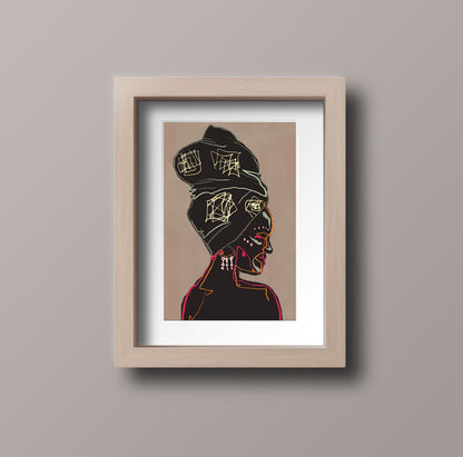 Framed poster of abstract heritage-inspired line art displayed in a cozy home setting.