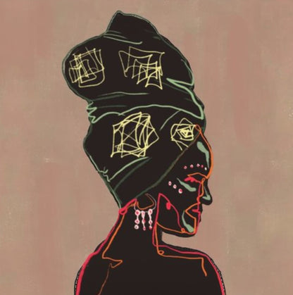 Abstract line art of a Black woman wrapped in bold, flowing patterns, symbolizing heritage and legacy.