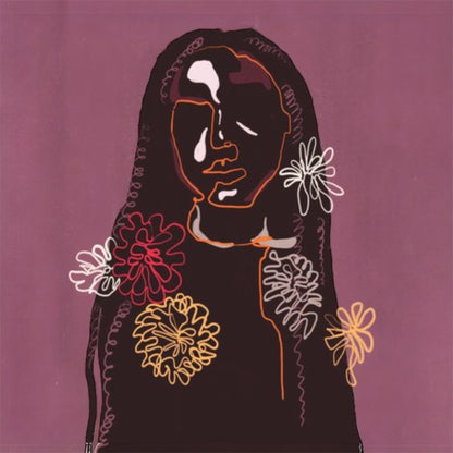 Line art of a Black woman adorned with floral accents, representing growth and blooming in her own season.