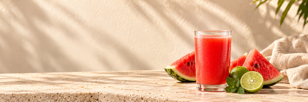 Fresh watermelon juice in a clear glass with seeded lime, watermelon wedges, and mint on a sunlit cream stone surface.